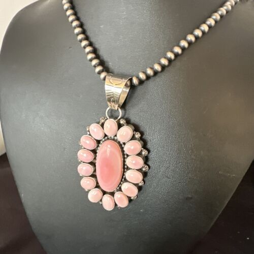 Navajo Pearls Pink Conch Necklace with Multi-Stone Cluster Pendant | Authentic Native American Handmade | 16061