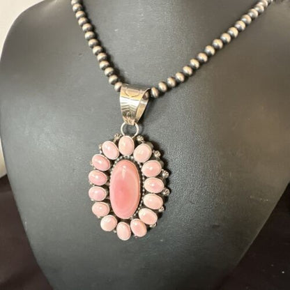 Navajo Pearls Pink Conch Necklace with Multi-Stone Cluster Pendant | Authentic Native American Handmade | 16061