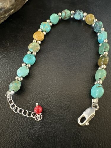 Women's Blue Turquoise Bead Bracelet | Southwestern Sterling Silver Link | 8" | 17570