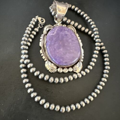 Navajo Purple Charoite Pendant with Pearls | Sterling Silver Necklace | Authentic Native American Handmade | 16653