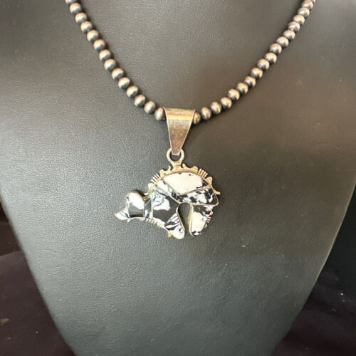 Navajo White Buffalo Turquoise Bear Inlay Pendant Necklace | Sterling Silver | Native American Handmade | 15248