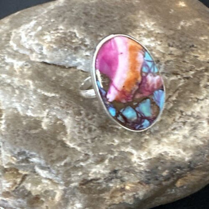 Navajo Blue Turquoise Purple Spiny Oyster Ring | Sterling Silver | Sz 8 | Authentic Native American Handmade | 16623