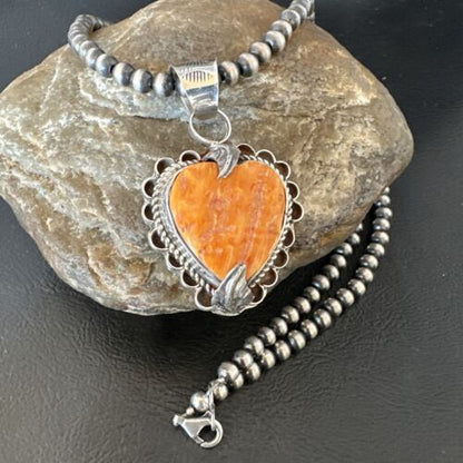 Navajo Orange Spiny Oyster Heart Pendant Necklace | Sterling Silver | Authentic Native American Handmade | 16294 - Masha USA