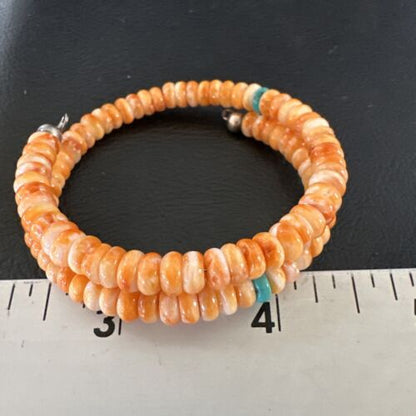 Navajo Orange Spiny Oyster Blue Turquoise Bracelet | 6mm Memory Wire Steel | Authentic Native American Handmade | 17621