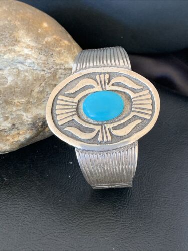 Navajo Blue Kingman Turquoise Cuff Bracelet | Sterling Silver | Authentic Native American Handmade | 1654