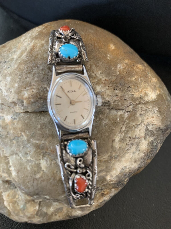 Vintage Navajo Sterling Silver Watch Tips | Old Pawn Turquoise & Coral Band | Authentic Native American Jewelry | 1441