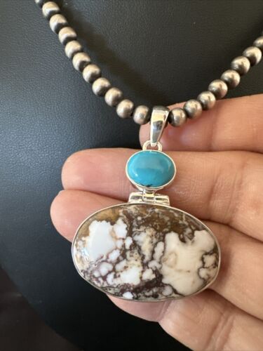 Navajo Wild Horse | Blue Kingman Turquoise Necklace | Sterling Silver | Authentic Native American Handmade | 17309