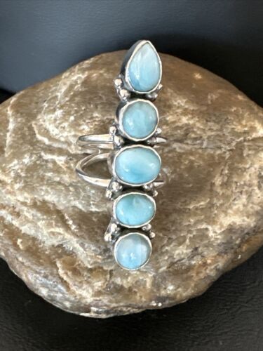 Navajo Women's Cluster Blue Larimar Ring | Authentic Native American Sterling Silver | Multi-Stone | Sz 8.5 | 15940