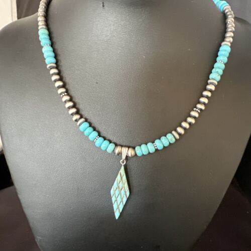 Navajo Blue Turquoise Inlay Pendant | Sterling Silver Necklace | Authentic Native American Handmade | 15421