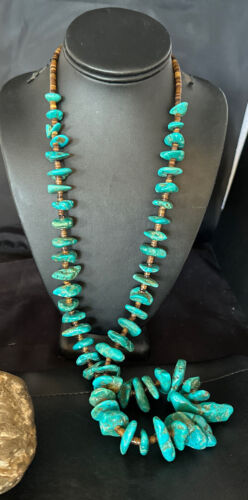 Navajo Blue Kingman Nugget Turquoise Necklace | Sterling Silver | 32" | Authentic Native American Handmade | 15287