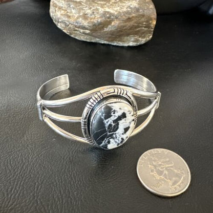 Navajo White Buffalo Turquoise Cuff Bracelet | Sterling Silver | Authentic Native American Handmade | 16251