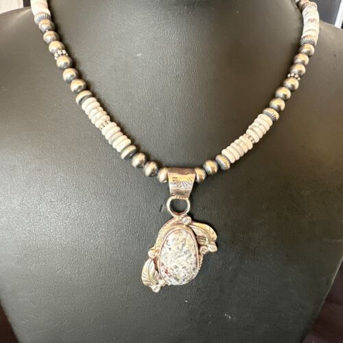 Navajo White Buffalo Turquoise Pendant Necklace | Sterling Silver | Authentic Native American Handmade | 17336