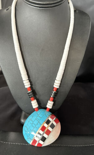 Navajo Shell Turquoise Coral Necklace | Sterling Silver | Stabilized | Inlay | 22" | Authentic Native American Handmade | 15323