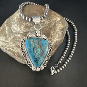 Navajo Kingman Turquoise Pendant Necklace | Sterling Silver Pearls | Authentic Native American Handmade | 15220