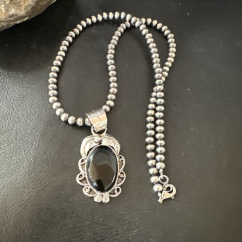 Navajo Pearls Black Onyx Necklace Pendant | Sterling Silver | Authentic Native American Handmade | 16524