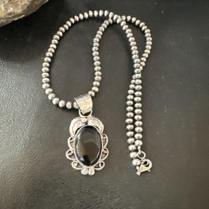 Navajo Pearls Black Onyx Necklace Pendant | Sterling Silver | Authentic Native American Handmade | 16524