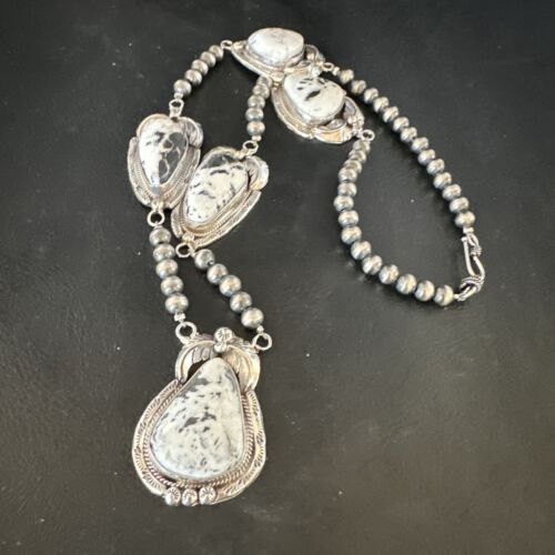 Navajo White Buffalo Turquoise Pendant Necklace | Sterling Silver | Authentic Native American Handmade | 15249