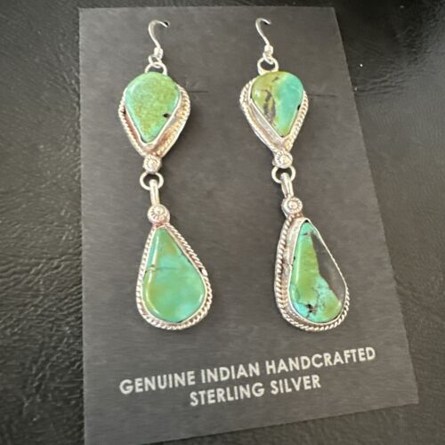 Navajo Green Royston Turquoise Dangle Earrings | Sterling Silver | Authentic Native American Handmade | 17140