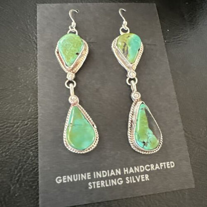 Navajo Green Royston Turquoise Dangle Earrings | Sterling Silver | Authentic Native American Handmade | 17140