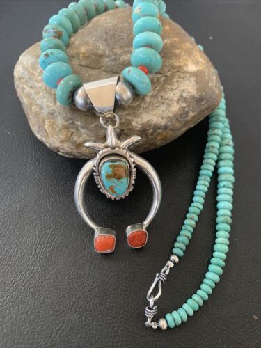 Navajo Blue Turquoise Coral Naja Pendant Necklace | Sterling Silver | Authentic Native American Handmade | 02082