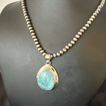 Navajo Blue Larimar Pendant Necklace | Sterling Silver Beads | Authentic Native American Handmade | 17563