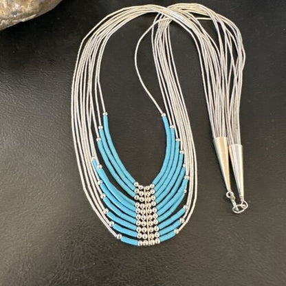 Navajo Blue Turquoise Necklace | 10-Strand | Sterling Liquid Silver Tube Heishi | 22" | 16449