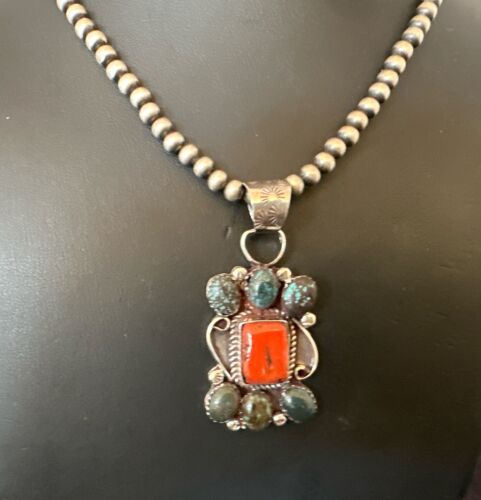 Navajo Turquoise Coral Cluster Pendant Necklace | Sterling Silver | Authentic Native American Handmade | 17186