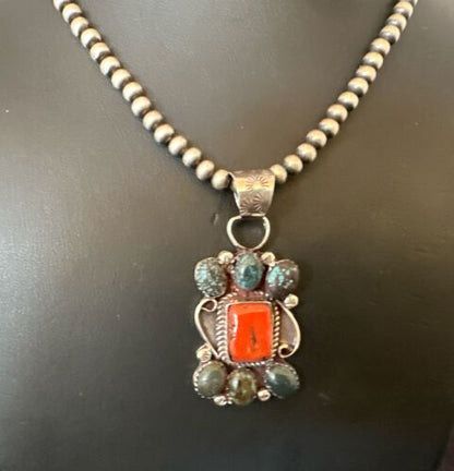 Navajo Turquoise Coral Cluster Pendant Necklace | Sterling Silver | Authentic Native American Handmade | 17186