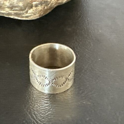 Navajo Stamped Wide Band Ring | Sterling Silver | Sz 7 | Authentic Native American Handmade | 14999 - Masha USA
