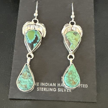 Navajo Green Royston Turquoise Dangle Earrings | Sterling Silver | Authentic Native American Handmade | 16451