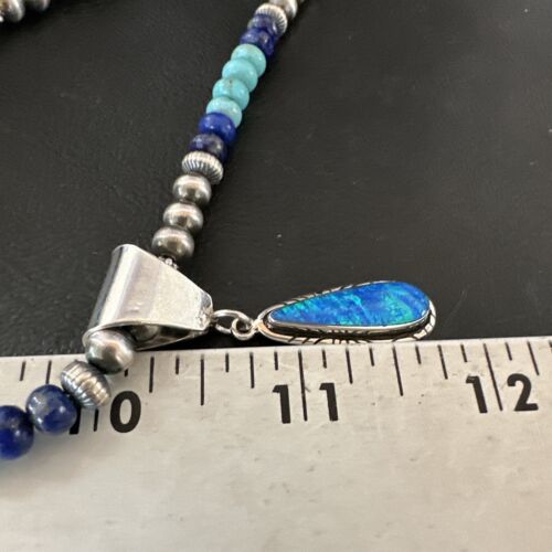 Navajo Blue Opal Turquoise Pendant Necklace | Sterling Silver | Authentic Native American Handmade | 16764