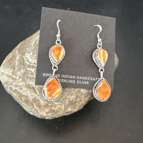 Navajo Orange Spiny Oyster Dangle Earrings | Sterling Silver | 1.5" | Authentic Native American Handmade | 16564