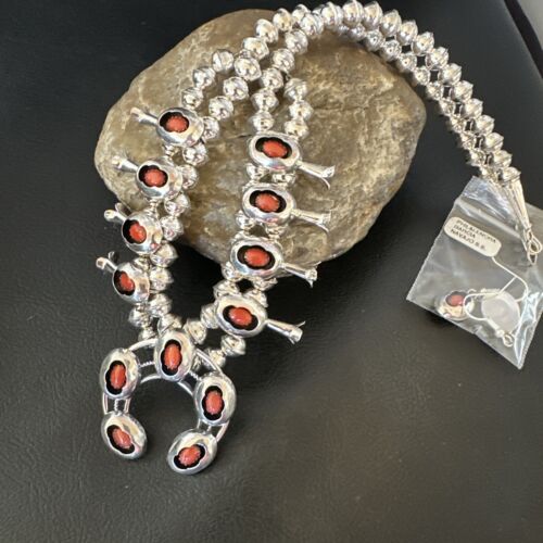 Navajo Red Coral Shadowbox Squash Blossom Necklace | Sterling Silver | 17" | Authentic Native American Handmade | 16114