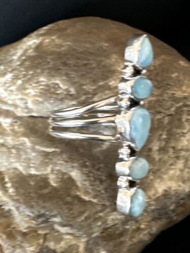 Navajo Blue Larimar Cluster Ring | Authentic Native American Sterling Silver | Multi-Stone | Sz 8 | 16157