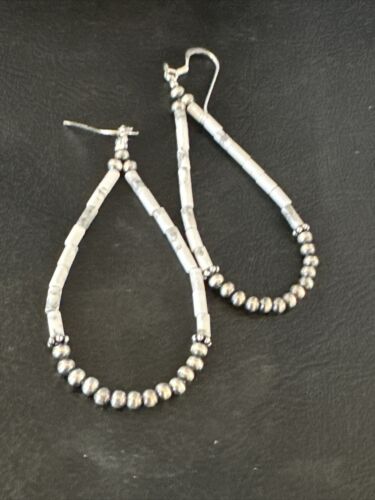 Navajo White Howlite Heishi Dangle Earrings | Sterling Silver | 2" | Authentic Native American Handmade | 15348