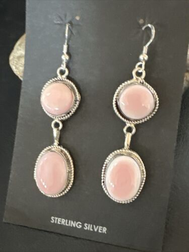 Navajo Pink Conch Shell Dangle Earrings | Sterling Silver | Authentic Native American Handmade | 17200