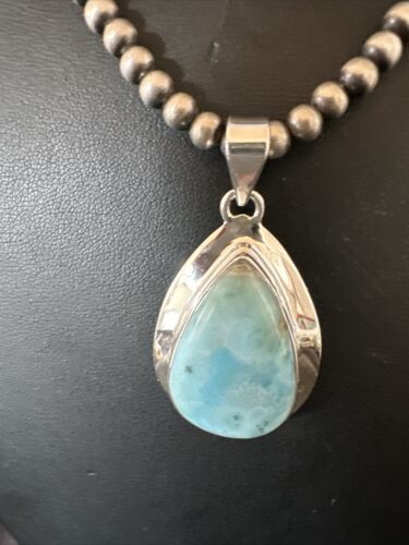 Navajo Blue Larimar Pendant Necklace | Sterling Silver Beads | Authentic Native American Handmade | 17602