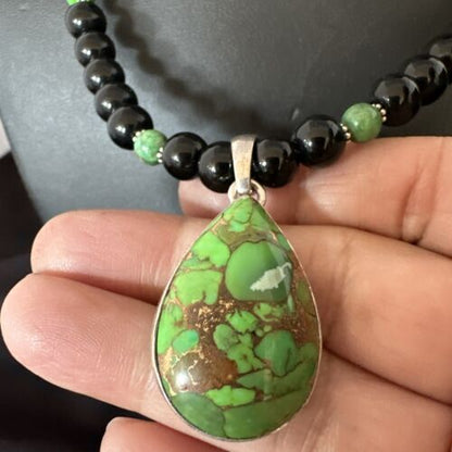 Green Mojave Turquoise & Onyx Pendant | Navajo Pearl Sterling Silver Necklace 21" | 17499