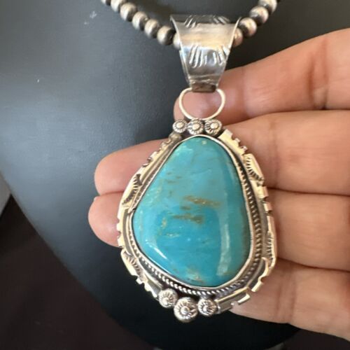 Navajo Pearls Kingman Turquoise Necklace | Sterling Silver | Authentic Native American Handmade | 17131