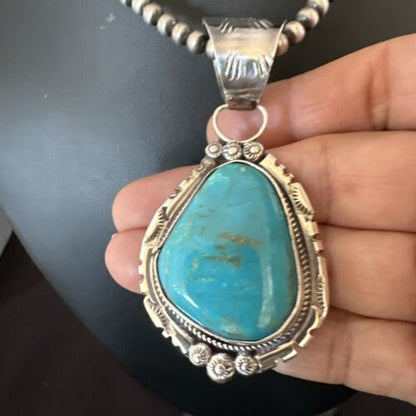 Navajo Pearls Kingman Turquoise Necklace | Sterling Silver | Authentic Native American Handmade | 17131