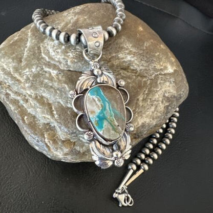 Navajo Blue Boulder Turquoise Necklace Pendant | Sterling Silver | Men's Women's | 16137