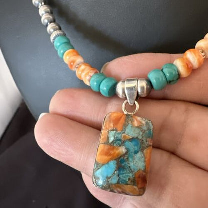 Navajo Spiny Turquoise Pendant Necklace | Sterling Silver | 22" | Authentic Native American Handmade | 17430