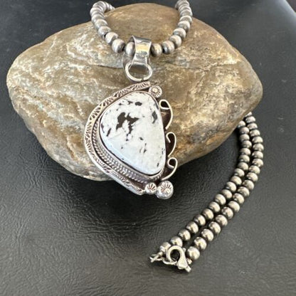 Navajo White Buffalo Turquoise Pendant Necklace | Sterling Silver Pearls | Authentic Native American | 17111