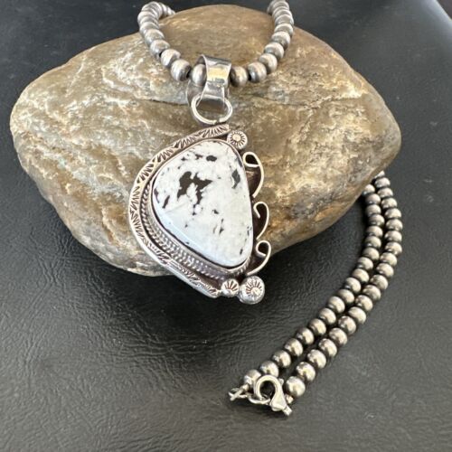Navajo White Buffalo Turquoise Pendant Necklace | Sterling Silver Pearls | Authentic Native American | 17111