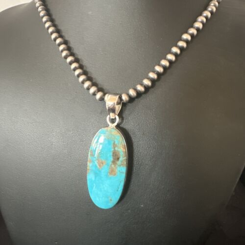 Navajo Blue Kingman Turquoise Pendant Necklace | Sterling Silver | 20" | Authentic Native American Handmade | 16693