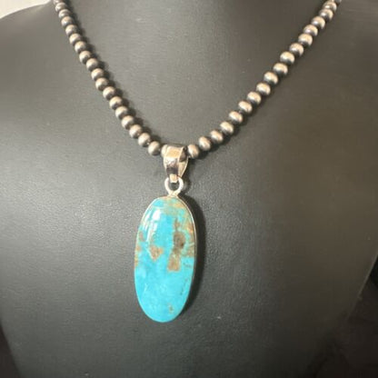 Navajo Blue Kingman Turquoise Pendant Necklace | Sterling Silver | 20" | Authentic Native American Handmade | 16693