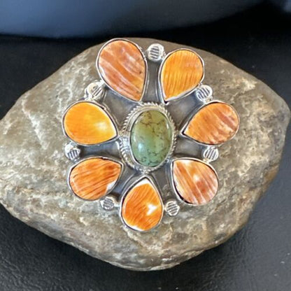 Navajo Green Turquoise Spiny Multi-Stone Cluster Ring | Authentic Native American Sterling Silver | Sz 10.5 | 16717 - Masha USA