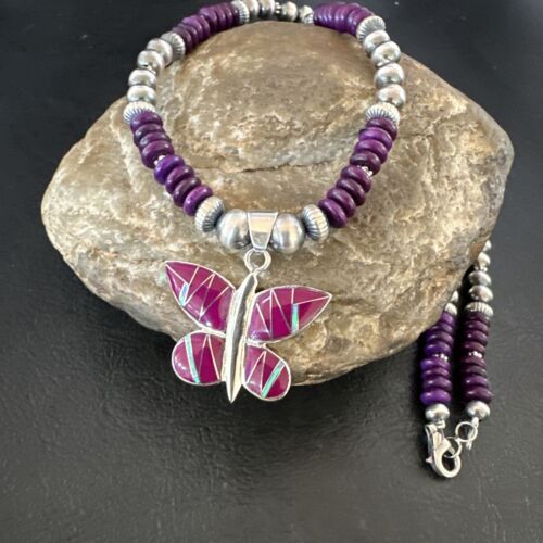 Navajo Butterfly Purple Sugilite Pendant Necklace | Sterling Silver Inlay | Authentic Native American Handmade | 16761