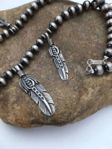 Navajo Pearls Feather Pendant Necklace | Sterling Silver | 16" | Authentic Native American Handmade | 17533