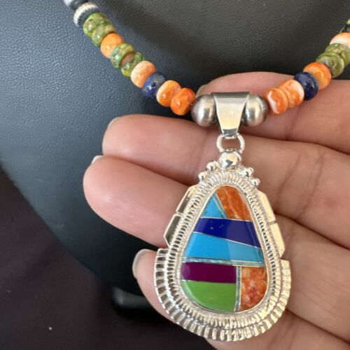 Navajo Spiny Oyster Turquoise Lapis Inlay Pendant Necklace | Sterling Silver | 21" | Authentic Native American Handmade | 16627